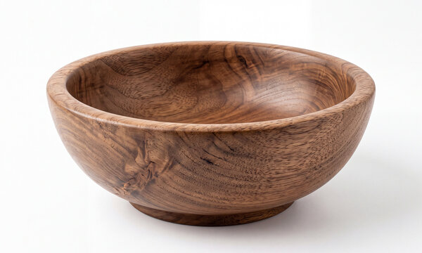 Empty wooden bowl with natural wood grain and polished finish isolated on white background, ideal for kitchen, decor and food presentation.