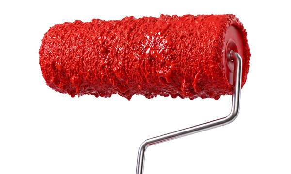 Paint roller covered with glossy red paint and thick textured coating isolated on transparent background, ideal for painting, renovation and decoration.