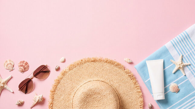 Top view flat lay of summer beach vacation accessories including a straw hat, sunglasses, sunscreen tube, blue towel, and seashells on a pastel pink background with copy space.