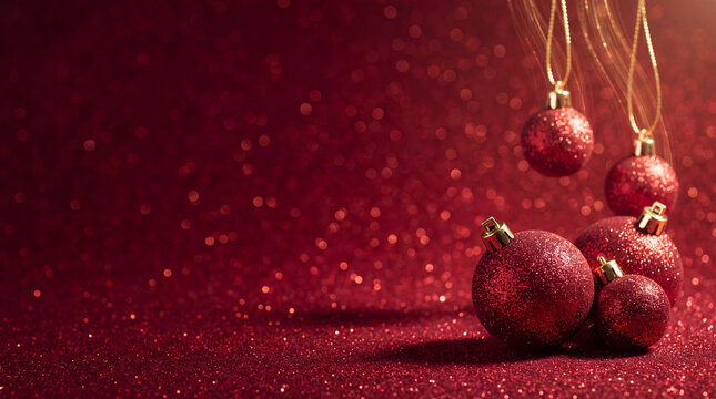 Festive composition with beautiful red Christmas baubles against a glittering red background with copy space.