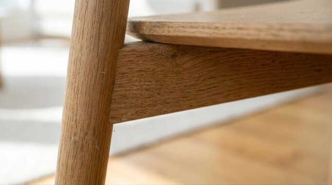 Oak wood chair detail showcasing natural texture and joinery, reflecting quality furniture design and craftsmanship