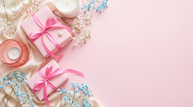 Flat lay composition featuring pink gift boxes, silk fabric, candles, and delicate flowers on a pastel pink background. Perfect for birthdays, Valentine's Day, or Mother's Day.