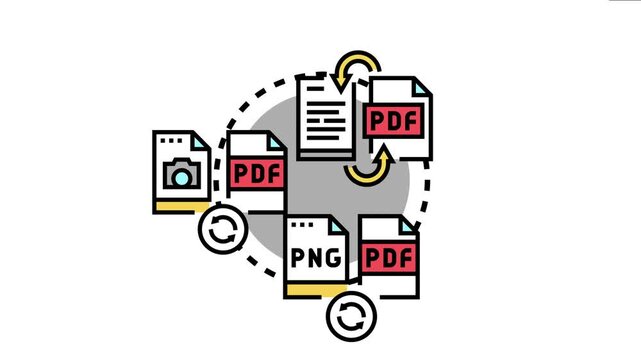 Document converting process transforming different digital file formats like text, image, and png into pdf files, data management and digital workflow