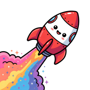 Cute cartoon rocket ship flying with a colorful rainbow smoke trail isolated on white background