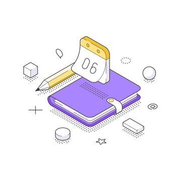 Time management and business planning agenda isometric vector illustration. Concept of scheduling, deadline, and daily organization. Creative design for calendar app, project management, and workflow