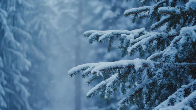 A serene winter scene with snow-covered pine trees.