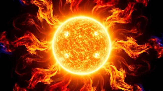 A vibrant sun emitting fiery flames and radiant energy.
