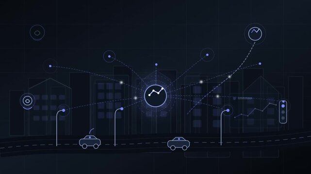 Smart city technology network concept with abstract data charts and connected infrastructure icons