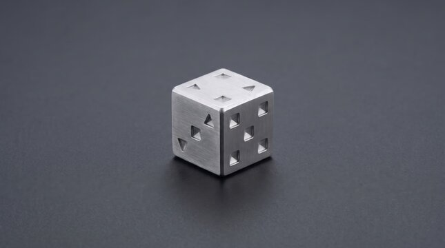 Single metallic aluminum die on a dark slate surface for gaming and risk concepts.