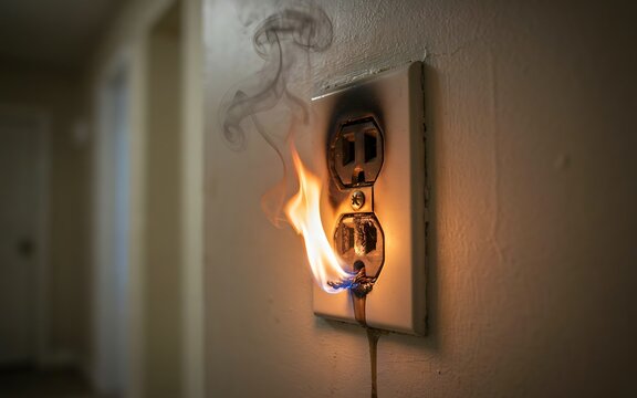 Electrical outlet smoking and sparking from short circuit fire hazard on white wall home.