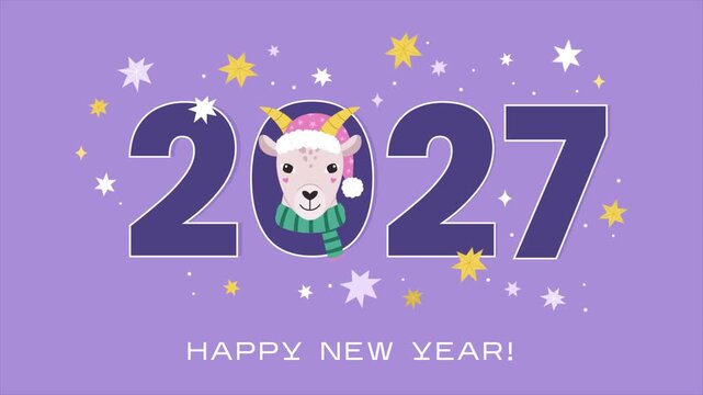 New Year animation with cute goat and 2027 numbers on purple background. 