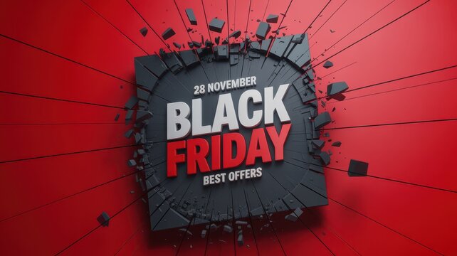 Black Friday Dynamic 3D composition with Black Friday text and shattering debris on a deep red background for promotional sales