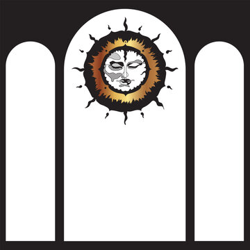 Gothic medieval sun with mystical face inside an arch, celestial flames and esoteric symbolism, vector illustration