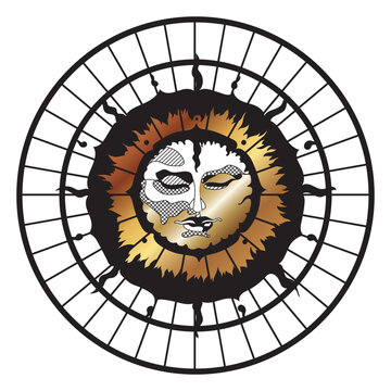 Gothic medieval sun with mystical face inside ornamental circle, celestial occult symbol in golden black style