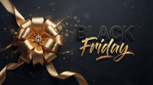 Black Friday Sophisticated Black Friday luxury sale background with a golden gift bow and shimmering particles on dark texture