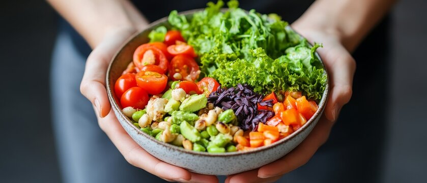 Close up of hands holding a bowl filled with fresh vegetables including cherry tomatoes, lettuce, and various colorful ingredients, representing healthy eating