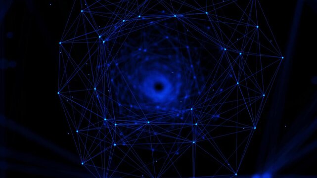 Network connected data tunnel animation on black background. Connected blue and white dots, 4K Video