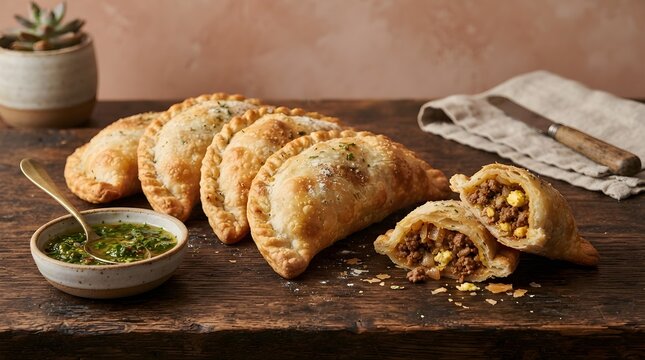 Golden baked beef empanadas are served with a side of vibrant green chimichurri sauce.