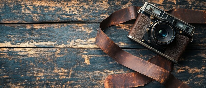 Old fashioned film camera with brown leather strap on weathered blue wooden background, evoking nostalgia for analog photography