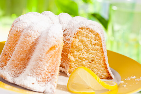 Lemon cake with icing sugar, close up