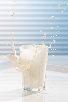 Milk splash in glass, close up