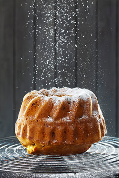 Selfmade ringcake with cranberries and apricots on baking grid sprinkling with powdered sugar