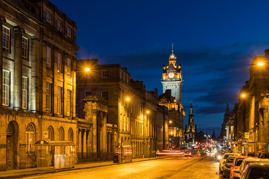 Great Britain, Scotland, Edinburgh, Waterloo PIace Street and The Balmoral Hotel at blue hour