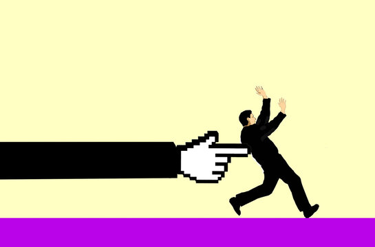 A digital cursor pushes a businessman in a cyberbullying concept