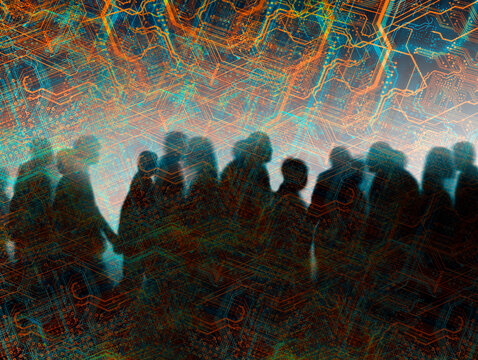 Digital circuit boards overlay a crowd of abstract silhouettes