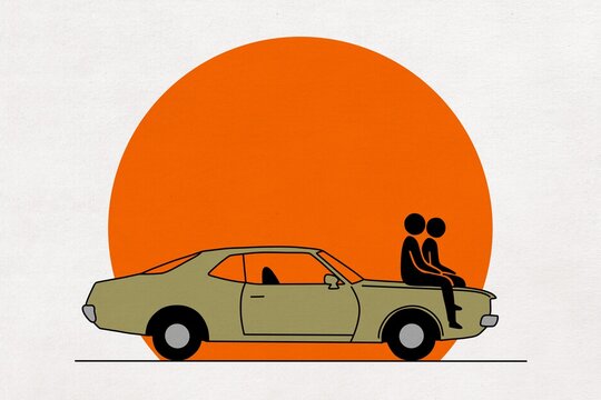 Graphic illustration depicts friendship on a car hood during sunset