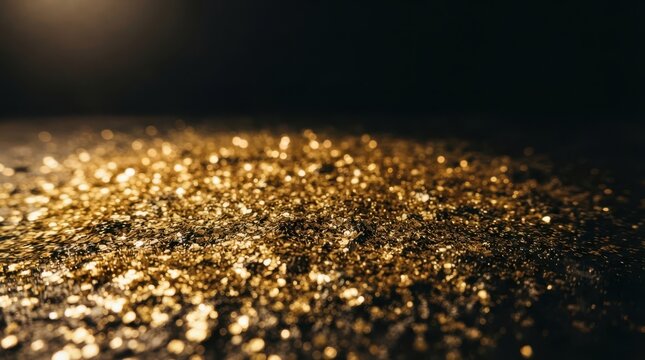 Black Friday Close up of shimmering golden glitter particles on a dark surface for festive holiday celebrations or luxury product marketing