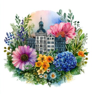 Delicate watercolor cityscape framed by flowers and lush foliage. Soft urban scenery, botanical illustration, floral decoration, and artistic wall art.