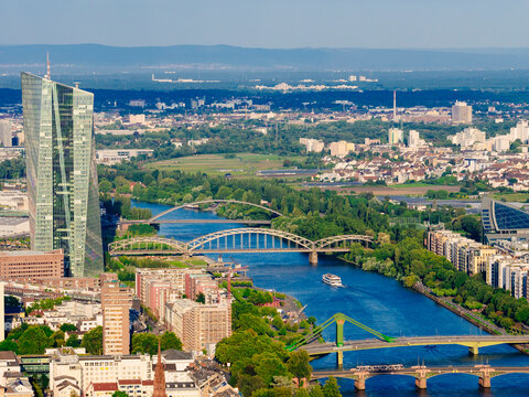 Germany, Frankfurt, view to European Central Bank and Main River from Main Tower