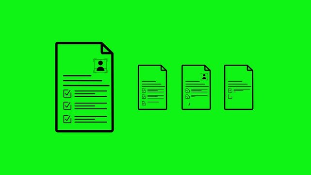 Resume document vector icon set with profile photo, check marks and contract agreement list on green background.