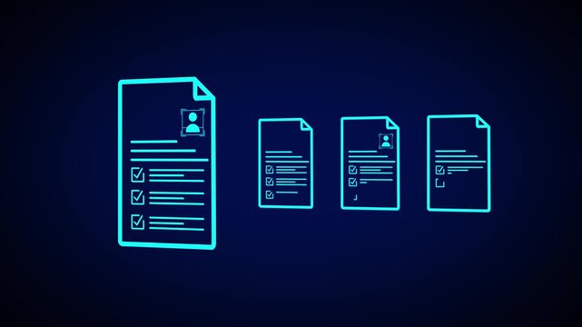 Glowing cyan neon resume document vector icon set with profile photo, check marks and contract list on dark blue background.