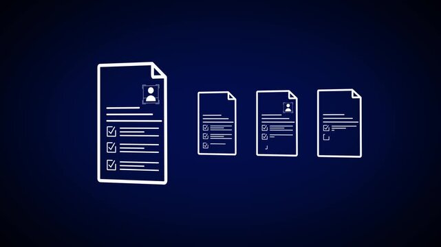 White linear resume document vector icon set with profile photo, check marks and application form on dark blue gradient background.