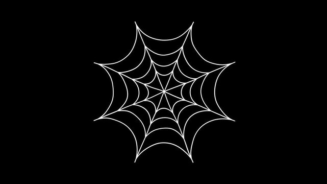 Spider web animation with wavy lines, cartoon doodle style, black background, 4K video.