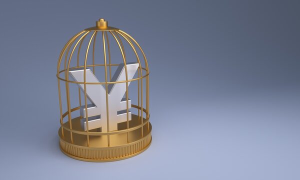 Silver yen symbol trapped inside a golden birdcage