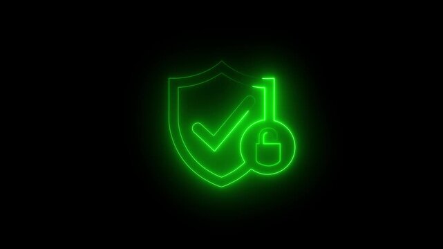Glowing neon green security shield horizontal layout loop, elegant data protection icon with modern pad lock symbol, isolated graphic asset on black background 4k.