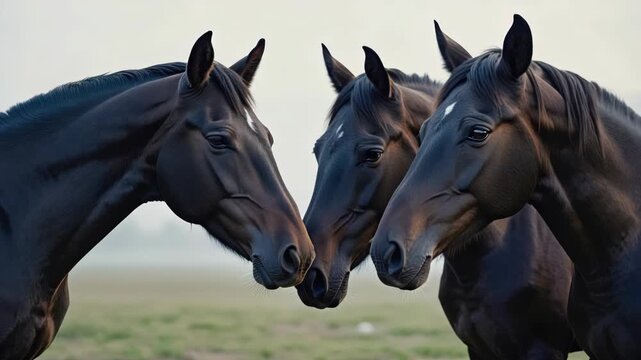 A trio of horses standing together in a pasture, their noses touching, creating a sense of camaraderie and interaction.
