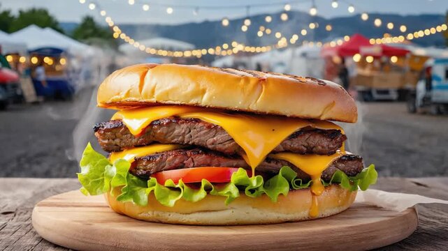 Golden bun holds juicy patty with melted cheese. Fresh lettuce and tomato add color and crunch. Steam rises from the burger as it sits on a wooden board