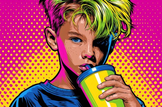 Young boy drinking soda with vibrant pop art style