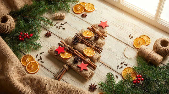 Rustic DIY Christmas tree craft made of burlap and cinnamon sticks on a white wooden background