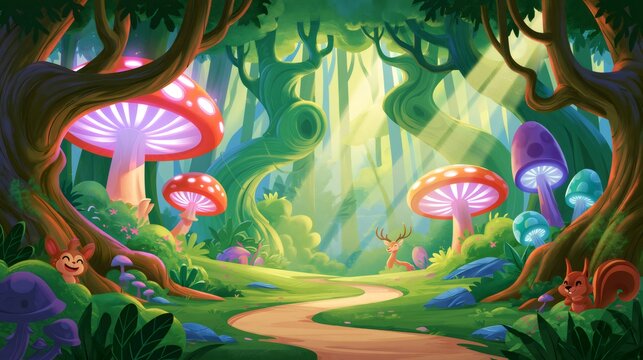 Enchanted forest path with glowing mushrooms and animals