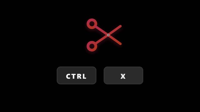 Keyboard Shortcut Ctrl X Animation with Red Scissor Cut Icon, Seamless Loop Text Editing Software Command Motion Graphics Element, Digital Application Interface Layout