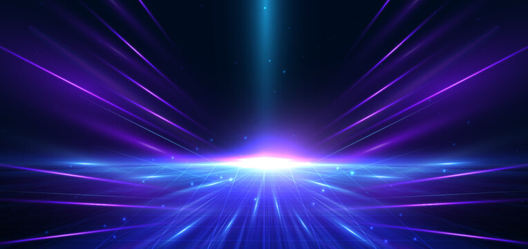 Futuristic Neon Horizon Background with Digital Grid and Light Rays.