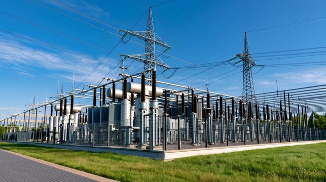 Electrical substation distributing high voltage power to grid