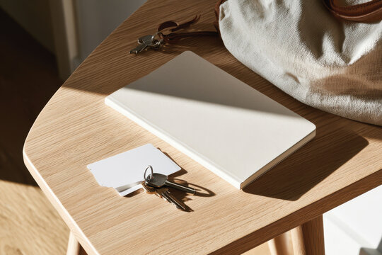 An elegant and minimal flat lay of a closed notebook and keys displayed on a smooth wooden table, highlighting a stylish approach to organization and personal belongings.