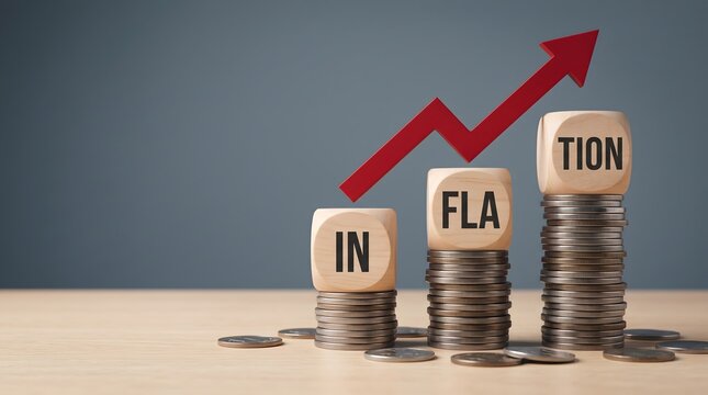 Rising inflation concept with stacked coins and cubes