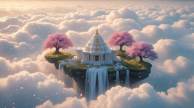 Peaceful white sanctuary amidst lush green patches and pink cherry blossoms floating purely within an endless clouds.